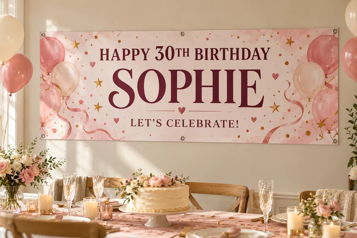 Example personalised PVC birthday banner reading Happy 30th Birthday Sophie