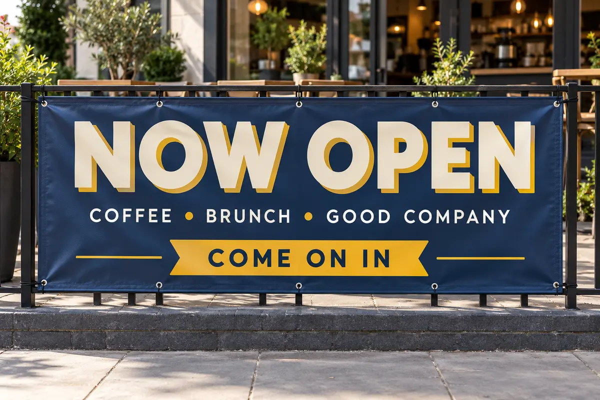 Example navy PVC vinyl banner reading Now Open outside a cafe
