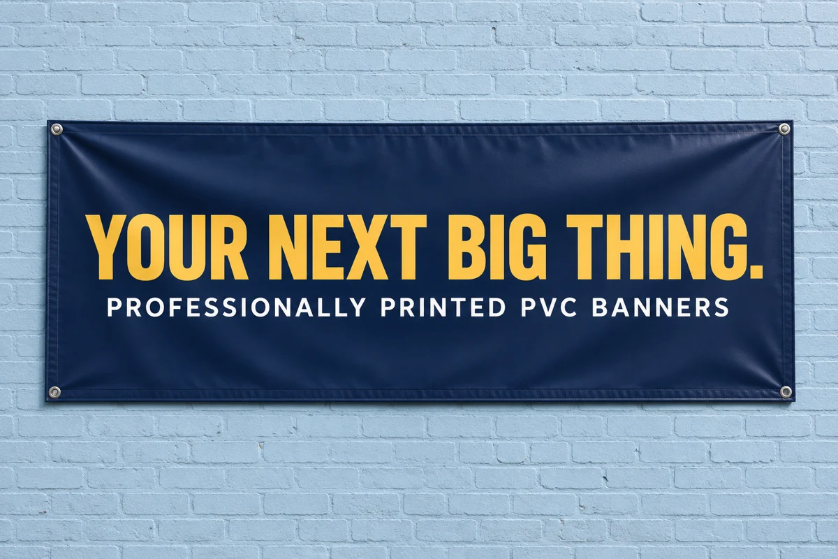 Illustrative navy PVC banner with yellow lettering mounted on a pale blue brick wall